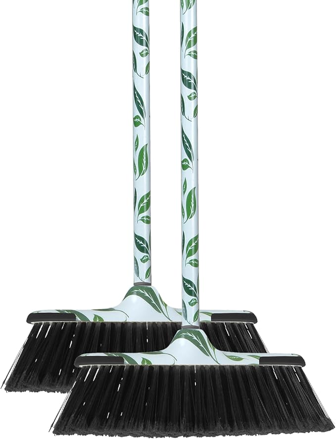 Superio Leaf Design Sweeping Broom for Home & Kitchen, Horsehair Bristle Push Broom with 48-Inch Wooden Handle, Indoor & Outdoor Floor Cleaner for Hardwood, Tile, Granite, Parquet, Pack of 2