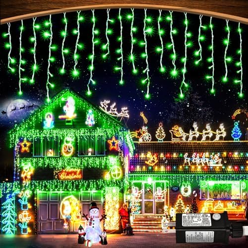 Green Christmas Lights Outdoor, 33ft 400 LED Icicle Lights for Outside House with Connectable Clear Wire 8 Modes Timer, Plug in Waterproof for Home Holiday Eaves Yard Party Room Indoor Decoration