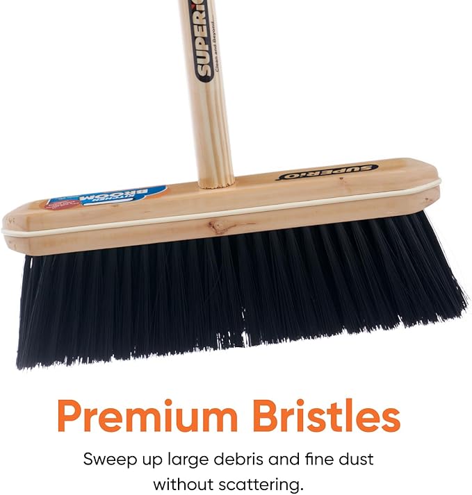 Superio Kitchen Broom Premium Black Tampico Bristles, Wood USA Handle, Heavy Duty Household Broom - Easy Swiping Dust and Wisp, Home, Kitchen Bedroom, Lobby, Floors and Corners