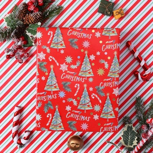 LaRibbons Red Christmas Wrapping Paper, Classic Tree & Candy Cane Striped