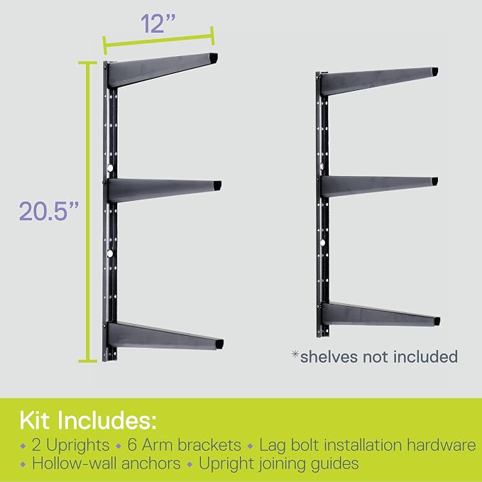 Minimalistic Black Shelf Brackets by Delta Cycle, Set of 6 Fully Adjustable 12-inch Heavy Duty Shelf Brackets, Holds Up to 480 lbs, Modern Shelf Bracket for Wood Shelves