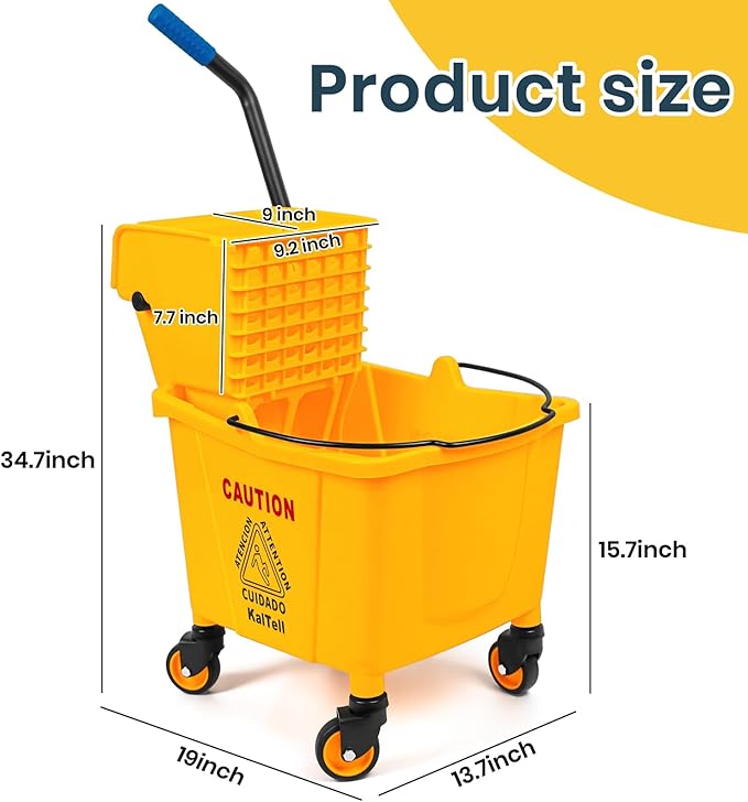 35 Quart Commercial Mop Bucket with Side Press Wringer on Wheels and 1 Industrial Mop for Floor Cleaning, Use at Home Business Area, Janitorial Supplies, Rectangular