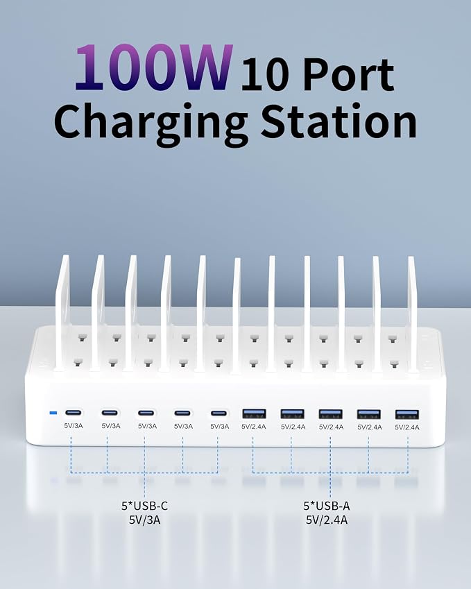 100W Charging Station for Multiple Devices, 10-Port USB Fast Charging Station with Adjustable Dividers & 10 Cables- Multi Device Organizer Charging Dock for iPhone, iPad, Tablets & More(White)