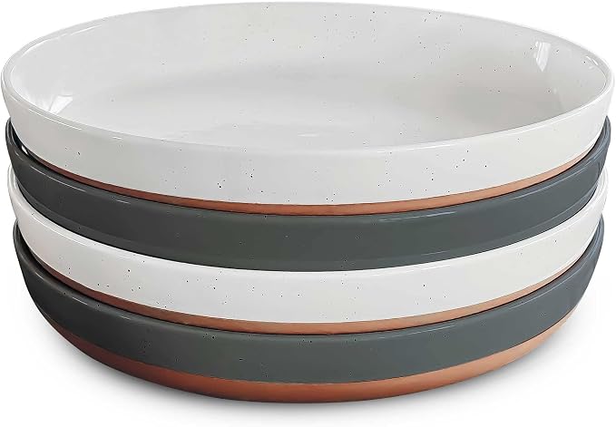 Mora Ceramic Flat Pasta Bowl Set of 4-35oz, Microwave Safe Plate with High Edge - Modern Dinnerware for Kitchen and Eating, Large Wide Bowls/Plates for Serving Dinner, Salad, etc- Vanilla & Charcoal