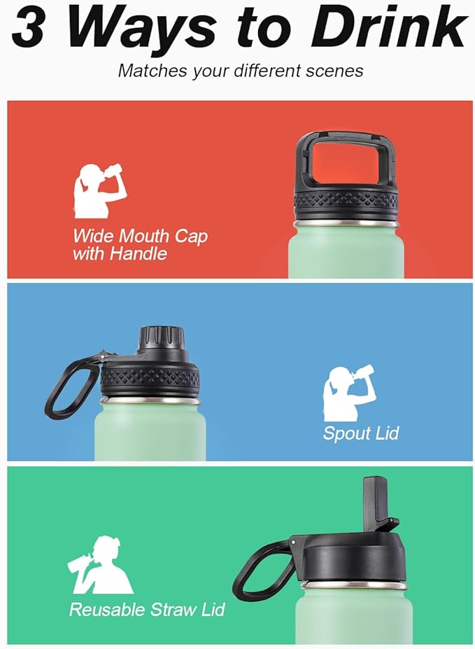 Coolflask Water Bottle 24 oz Insulated with Straw, Stainless Steel Metal 3 Lids Water Flask Wide Mouth for Sports or Office, Non-BPA Keep Cold Up to 48 Hrs or Hot Up to 24 Hrs, Ombre Green