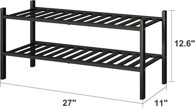 viewcare 2-Tier Black Bamboo Shoe Rack for Entryway, Stackable | Foldable | Natural, Shoe Shelf Storage Organizer for Hallway Closet, Free Standing Shoe Racks for Indoor Outdoor