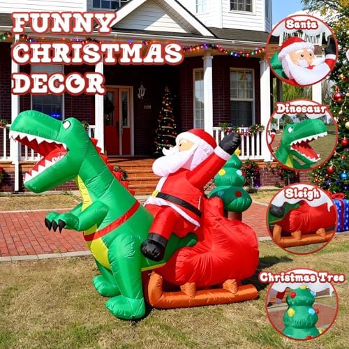 8.2FT Inflatable Santa Riding Dinosaur with LED Lights for Yard