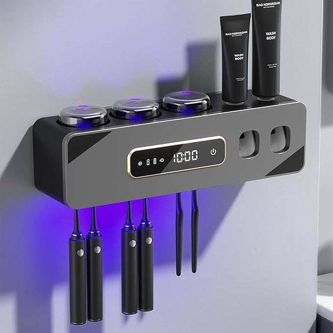 Generic Toothbrush Holder for Bathrooms, Toothbrush Holder with Automatic Toothpaste Dispensers, Smart Drying and Cleaning, Easy Installation, Rust-Resistant, and Hygienic (Black)