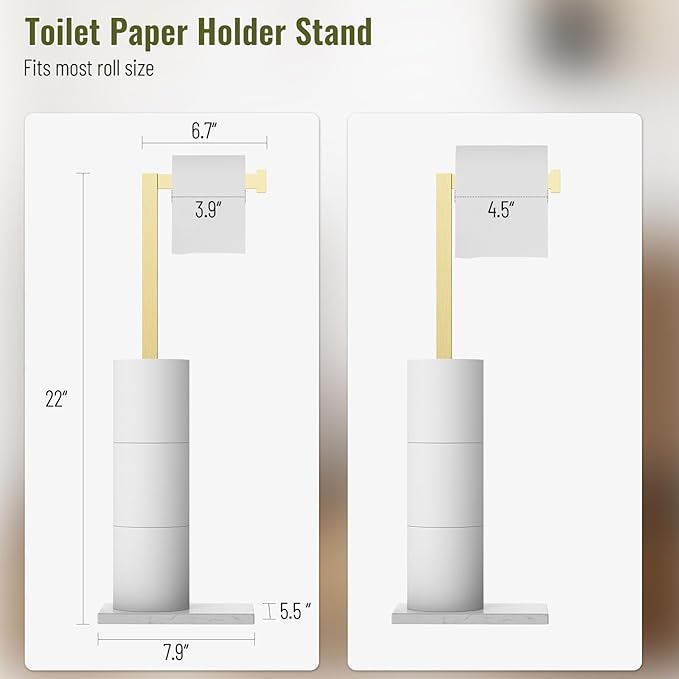 Gold Toilet Paper Holder Stand Marble Base SUS 304 Stainless Steel Freestanding Tissue Roll Holder for Bathroom Rustproof Storage for 4 Rolls Brushed Gold by Homevacious
