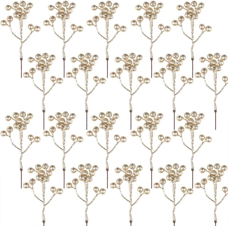 Fangoo 20 Pack 7 Inch Champagne Gold Berry Stems for Christmas Tree