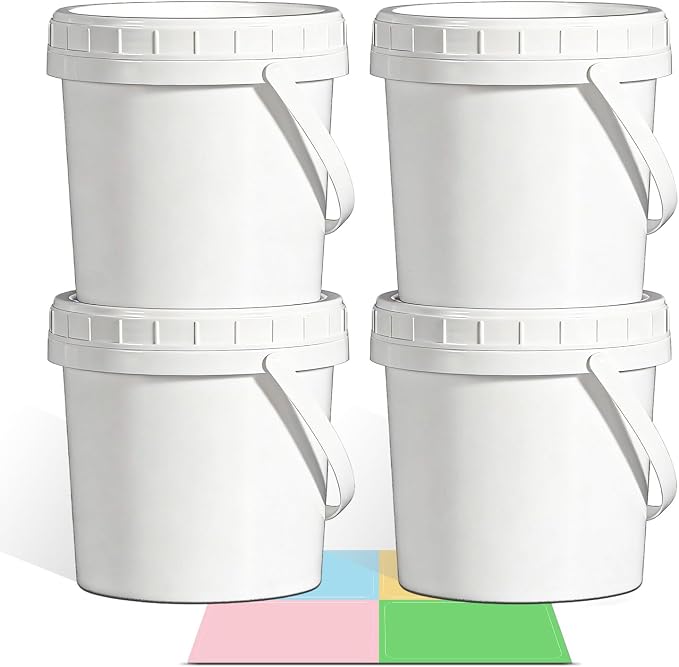 4 Pack 34oz Food Grade Plastic Buckets with Screw Lids & Handle, Reusable Storage Containers for Snacks, Salad, Sauce - White Freezer Safe Bucket Set