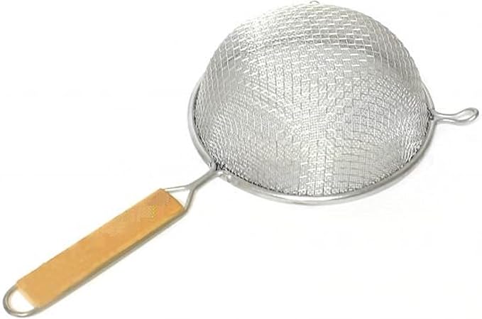 TrueCraftware- 8-Inch Double Fine Mesh Strainer Stainless Steel with 6-1/2" Handle Length Wooden Handle- Kitchen Utensil Food Strainer Skimmer Spoon for Cooking Sieve Sifters Pasta Fruits Vegetable