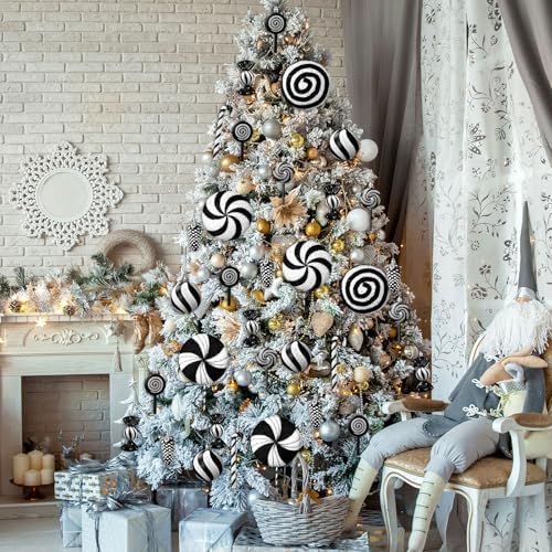 Hollowfly 27 Pcs Large Candy Christmas Decorations 7.87" Peppermint Lollipop Candy Christmas Decorations with Hanging Xmas Tree Ornaments Lollipop for Home Xmas Party Decor(Black and White)