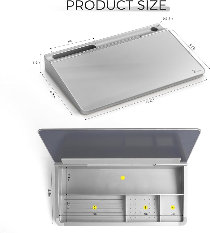 TOWON Small Compact Glass Desktop Whiteboard with Storage – 12 x 7 in Dry Erase Board for Desk, Home Office, School | Includes 5 Markers, Eraser & Holder | Space-Saving Organizer, Metallic Silver