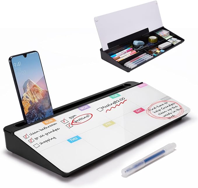 TSJ OFFICE Whiteboard Weekly Dry-Erase-Board - Desktop White Board Calendar Desk Organizers with Accessories Computer Keyboard Stand with Drawer, for Office, Home, School Supplies - Black Calendar