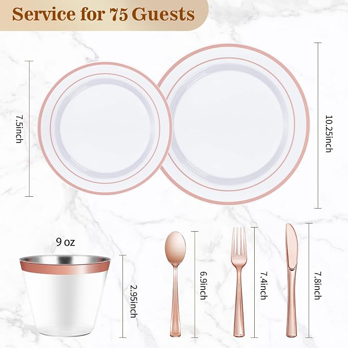 BESTVIP 450PCS Plastic Dinnerware Set (75 Guests), Rose Gold Disposable Plates for Party, Wedding, Christmas, Anniversary, Includes: Dinner Plates, Dessert Plates, Cups, Spoons, Forks and Knives