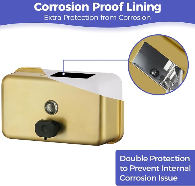Stardrix Brushed Gold Stainless Steel Horizontal 1100ml/37oz Capacity Commercial-Grade Soap Dispenser, Wall-Mounted Bathroom Hand Soap Dispenser with Corrosion-Proof Lining and Anti-Leak Pump