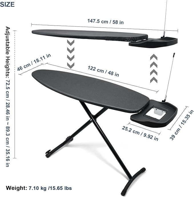 Duwee 18" ×48" Ironing Board with Retractable Iron Rest,Wide Ironing Board | Extra Wide Ironing Board, Heat Resistant Cover with Thicken Padding,Adjustable Height,Heavy Sturdy Legs with Wheels,Black