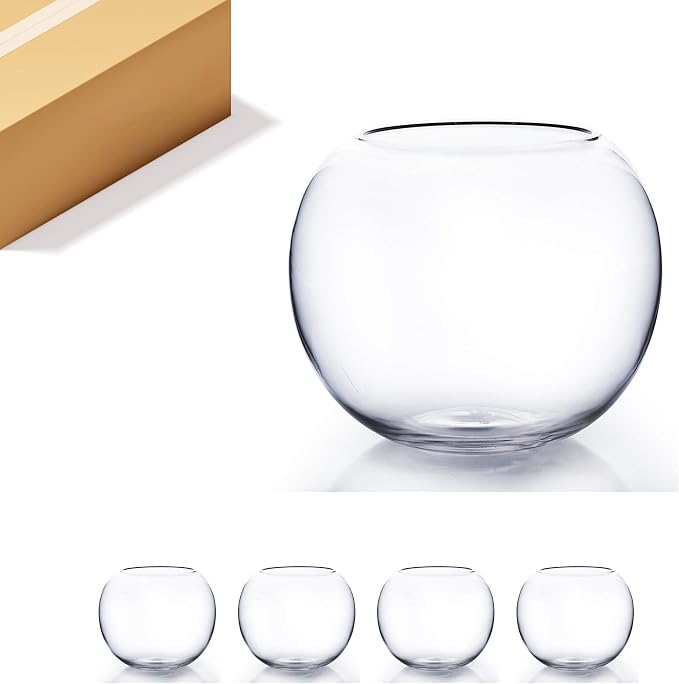 WGV Bowl Glass Vase Bulk, Diameter 10", Height 8", Open Width 6", (Multiple Sizes Choices) Clear Bubble Planter Terrarium Fish Bowl for Wedding Event Home Decor, 4 Pieces (VBW0010)