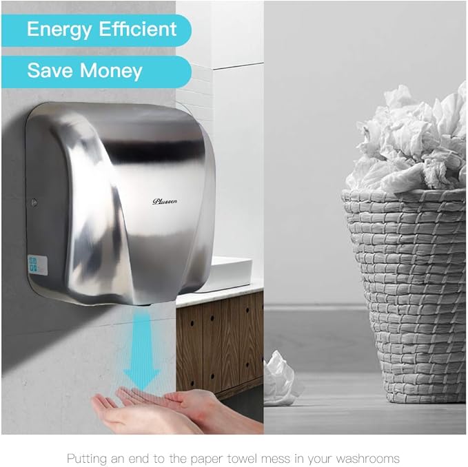 Automatic Commercial Hand Dryers for Bathrooms Commercial 1800W Heavy Duty Stainless Steel Hot Air Compact Electric Hand Dryer Blower, Fast Drying in 10 Seconds (Silver 2)