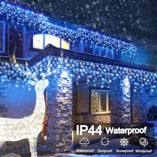 99ft Blue and White Christmas Lights, 1216 LED Icicle Lights for Outside House Clear Wire Twinkle Light with 8 Modes Timer Waterproof for Window Party Tree Holiday Patio Yard Home Decor