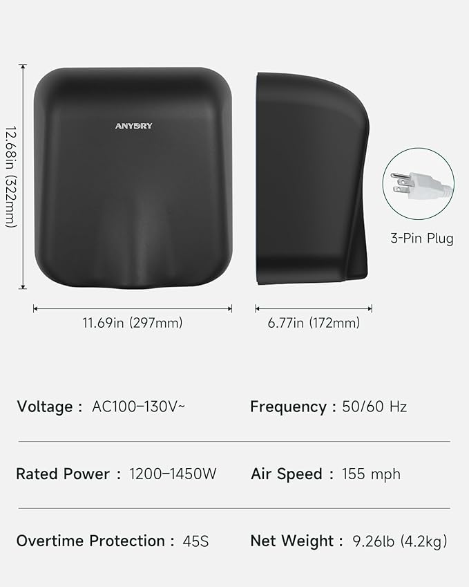 anydry IronStorm Electric Hand Dryers for Bathrooms Commercial HEPA Filter High-Speed Matte Black Stainless Steel Cover AC 100–130 V~