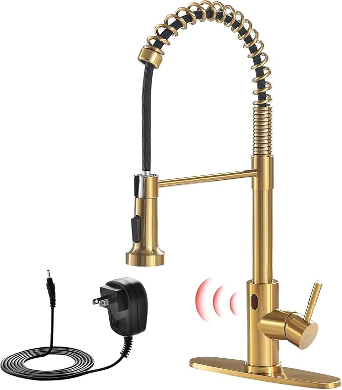 GIMILI Gold Touchless Kitchen Faucet with AC Adapter, Smart Motion Sensor Hands Free Single Handle Kitchen Sink Faucet with Pull Down Sprayer