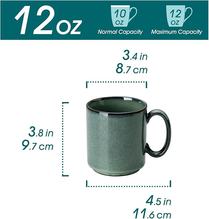 vancasso STARRY Ceramic Coffee Mugs Set of 6, 12 Oz Coffee Cups for Latte, Cappuccino, Tea & Hot Cocoa, Artisan Modern Style for Coffee Bar, Home & Kitchen, Microwave & Dishwasher Safe, Green