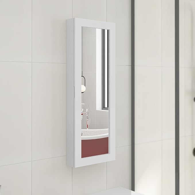 Slim White 180° Swivel Ironing Board Cabinet with Mirror Door | 3.8''W|Assembles in 15 Minutes|2 Clothes Hooks|Magnetic Door|Space‑Saving Hidden Design
