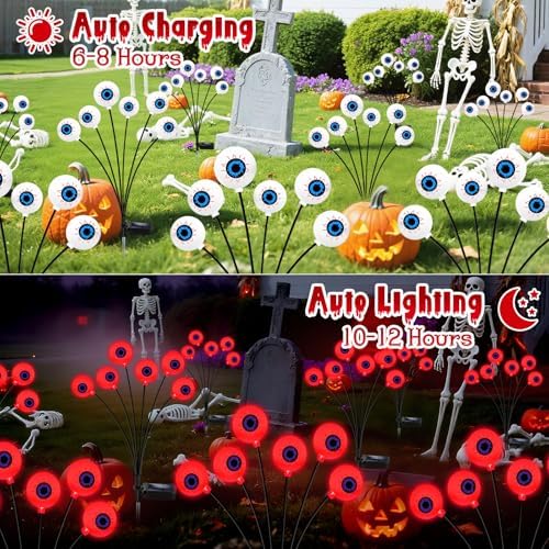 Kohlrabi Halloween Decorations Outdoor, 8 Pack 48 LED Solar Red Scary Eyeball Swaying Lights, Solar Firefly Light Waterproof Outdoor Lights for Yard Garden Party
