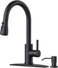 FORIOUS Black Kitchen Faucet with Soap Dispenser and Pull Down Sprayer, Bar High Arc Single Handle Classic 3 Modes Stainless Steel Faucet for Kitchen Sink Farmhouse RV Laundry Camper