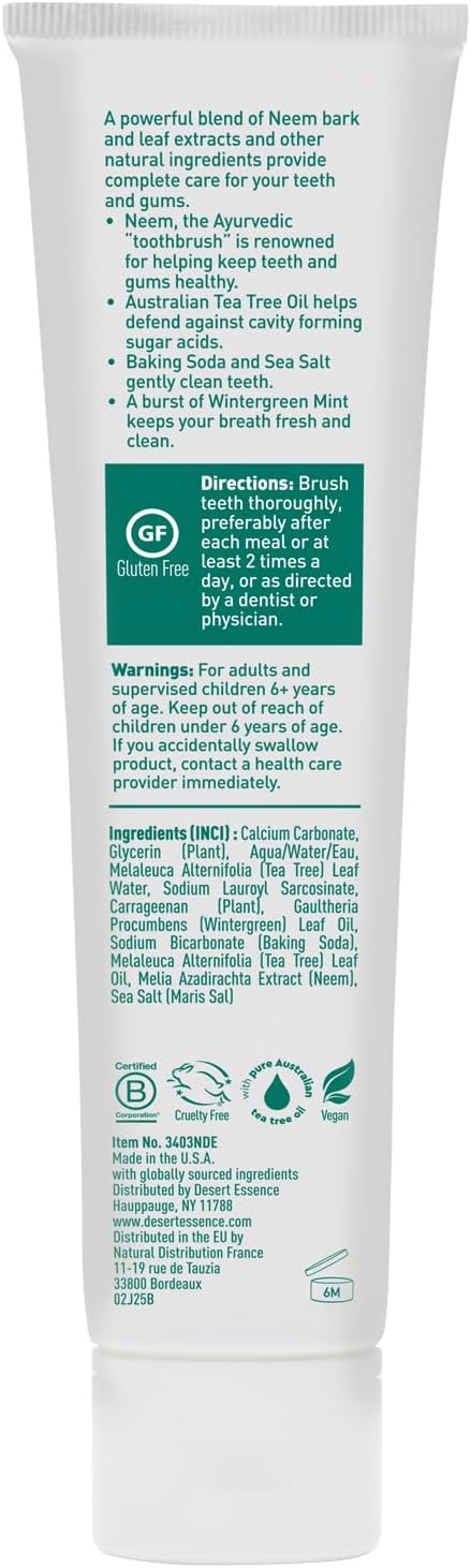 Desert Essence Tea Tree Oil and Neem Toothpaste, Wintergreen, 3 Pack | Three 6.25 oz tubes with baking soda and sea salt; fluoride-free, SLS-free, vegan and gluten-free
