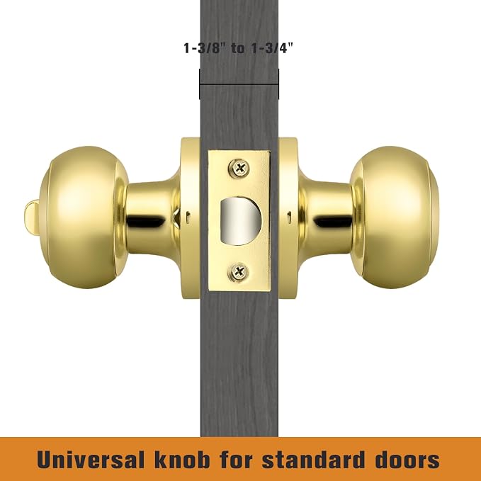 Probrico Polished Brass Privacy Interior Door Knob Bed and Bath Keyless Door Lockset, 1 Pack