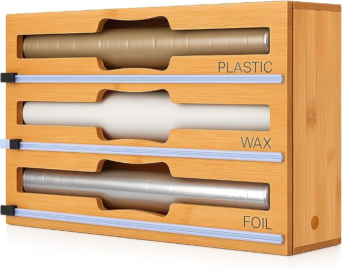 Foil and Plastic Wrap Organizer for Kitchen Drawer — 3 in 1 Bamboo Holder for Aluminum Foil, Cling Wrap and Wax Paper with Labels and Slide Cutter, Fits 12" Rolls, Kitchen Storage Organization
