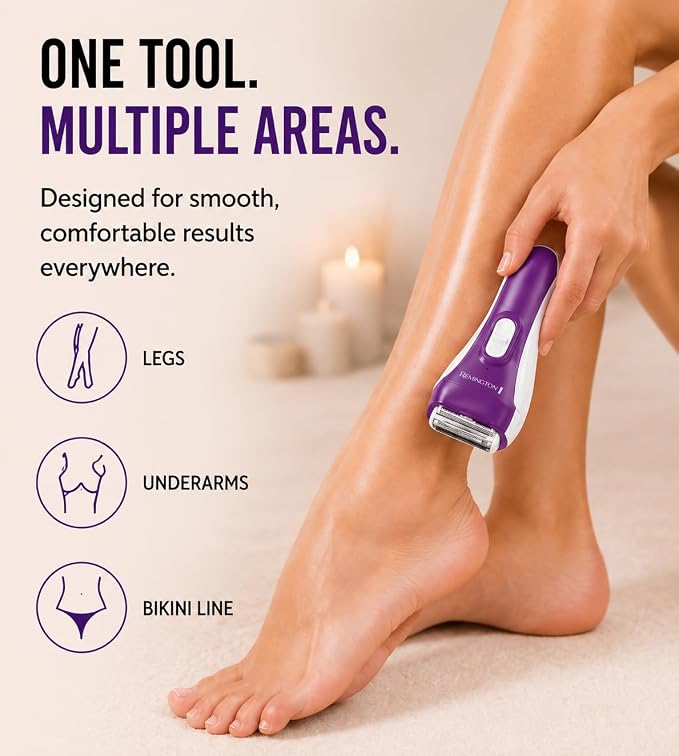 Remington Smooth & Silky Electric Shaver for Women, 3-Blade Wet & Dry Razor | Battery Operated for Cordless Use, Includes Bikini Trimmer Attachment, 100% Waterproof Design, Flexible Hypoallergenic Foils