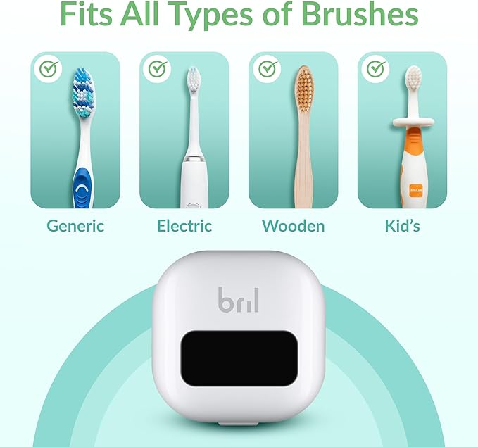 Bril UV-C Toothbrush Sanitizer and Holder – Wall Mounted, Rechargeable, 30-Day Battery, Magnetic Mount, Fits Electric and Manual Brushes, Portable Travel Case, Auto-Shutoff – White