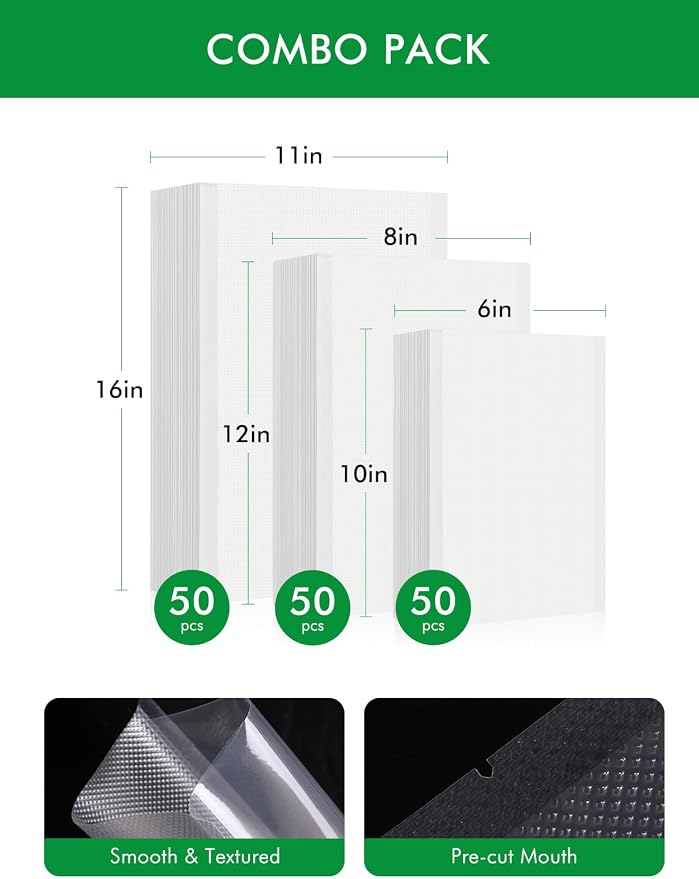 Vacuum Sealer Bags, 11"x16" Gallon, 8"x12" Quart, 6"x10" Pint, 150Pcs | Commercial Grade, BPA Free, Sous Vide Compatible, Puncture Prevention, Kitchen Essentials