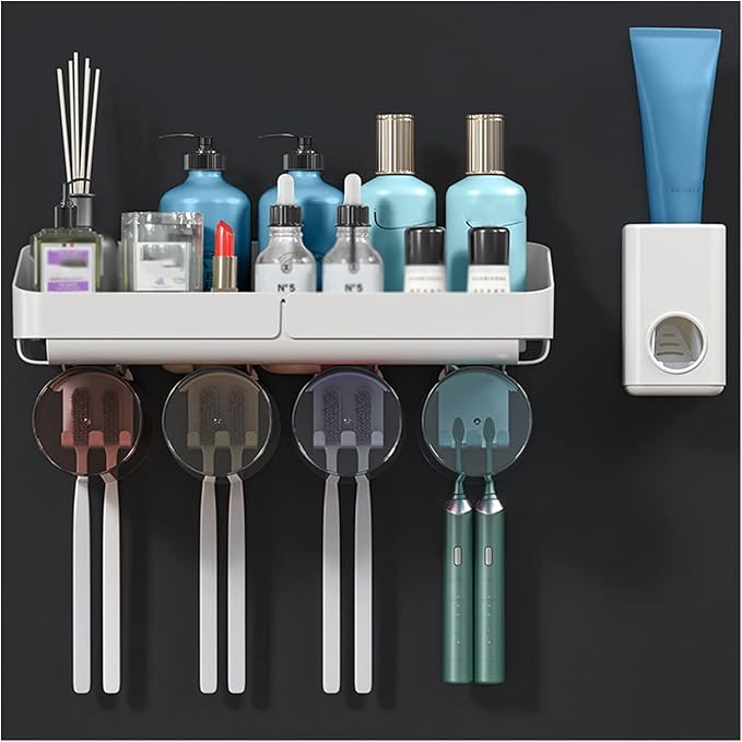Toothbrush Rack Multifunctional Bathroom Toothbrush Holder Wall Mounted Organizer, Toothbrush Holder with Toothpaste Dispenser and Cups Bathroom Toothbrush Holder(E)