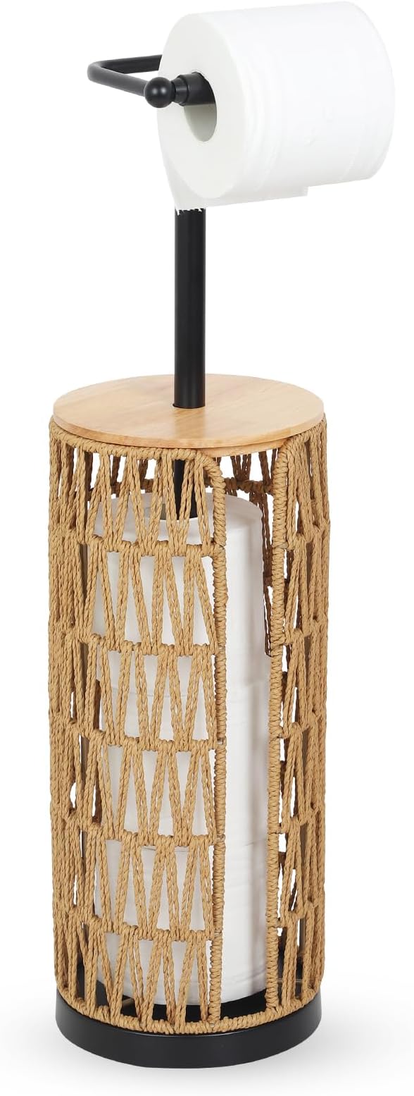 Trongee Freestanding Toilet Paper Holder with Storage,3 Rolls of Boho Toilet Paper Holder Stand with Lid,Gold Toilet Tissue Holder Stand Rattan Paper Storage Wicker Toilet Roll Holder Basket
