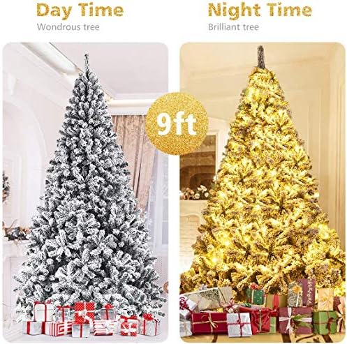 ReunionG 9FT Snow Christmas Tree, Artificial Flocked Hinged Pine Tree, Holiday Decoration Tree with Premium PVC Needles and Solid Metal Stand, Full Christmas Tree for Indoor Outdoor (9FT)