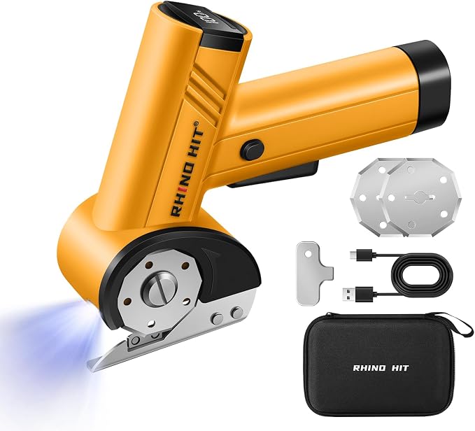 Cordless Electric Scissors, Rechargeable Rotary Cardboard Cutter with LED Light & Safety Lock, 4-Speed Adjustable, 3 Blades for Fabric, Carpet, Leather & Carton, with Storage Case(yellow)