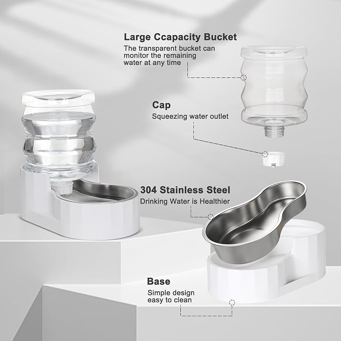 RIZZARI 4L Cat Water Dispenser – Stainless Steel, White, Gravity Fed | No Power Needed, Non-Slip Base, Easy-Clean, for Cats & Small Dogs, for Kitchen/Bedroom