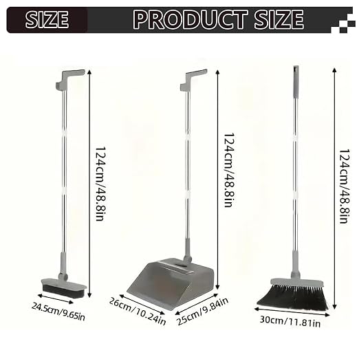 Broom and Dust Pan, Broom and Dustpan Set with Push Brooms, Self-Cleaning Comb & Space-Saving Design for Indoor Outdoor Cleaning (Grey)