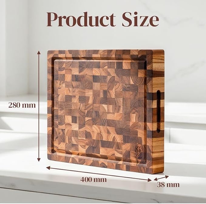 Teak Wood End Grain Cutting Board 16 x 11 Inch, Extra Thick 1.5 Inch Butcher Block for Meat & Kitchen Prep, Solid Non-toxic Wood Cutting Board with Juice Groove by New M Way