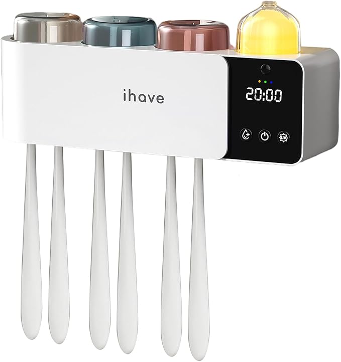 iHave Toothbrush Holders Wall Mounted with Toothbrush Sanitizer &Aromatherapy Diffuser Auto-Cycle Disinfection, Heated Fan Drying, USB Rechargeable, IR Night Light, LED - 3 Cups Bathroom Organizer