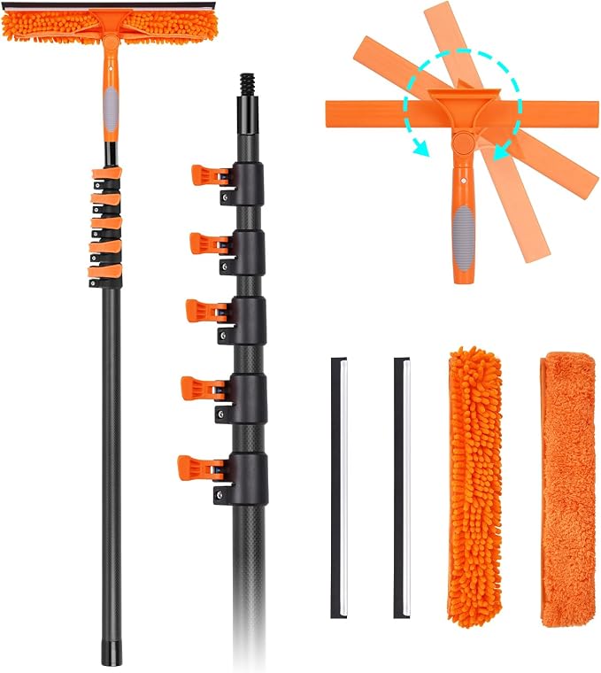 24FT Carbon Fiber Window Washing Kit with Extension Pole Outdoor | carbon fiber pole, ultralight, sturdy anti-corrosion, no ladder needed, 3/4 threaded tip fits plenty of tool accessories