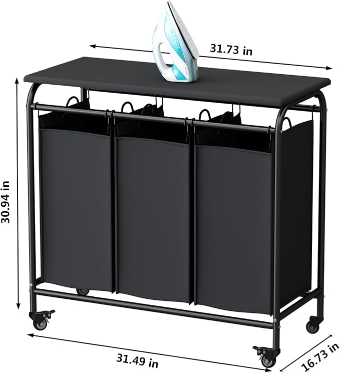 LINZINAR 3-Bag Laundry Hamper with Ironing Board, Black 135L Laundry Sorter | Laundry Room Organization with Heavy Duty Rolling Lockable Wheels and Removable Bag, Bedroom Laundry Cart for Clothes Storage