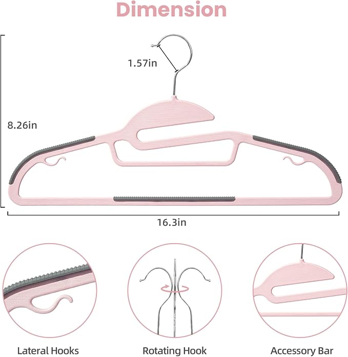 Heavy Duty Plastic Hangers 50 Pack with Non-Slip Design,0.2 Inches Thick,360°Swivel Hook Space Saving Organizer for Bedroom Closet,Shirts,Pants,Strong Enough for Coat(Pink- S Shaped)