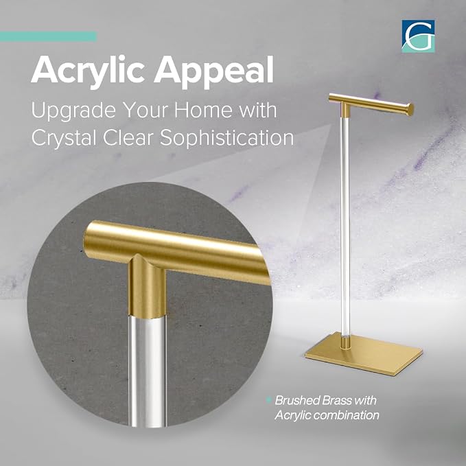 Gatco 1331B Toilet Paper Holder Stand, Brushed Brass with Acrylic Post, Rectangle Weighted Base, Freestanding Bathroom Floor Stand, 22.25 Inch