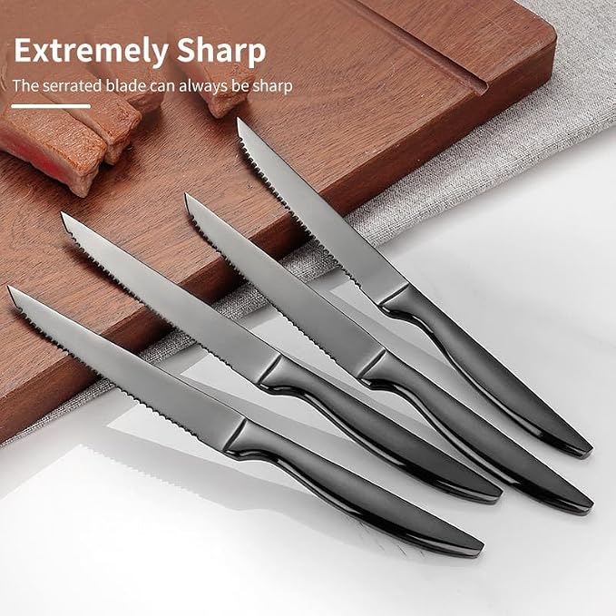SuperCook Black Steak Knife Set of 6, Serrated Steak Knives, Stainless Steel Steak Knives Set, Kitchen Steak Knife, Dishwasher Safe